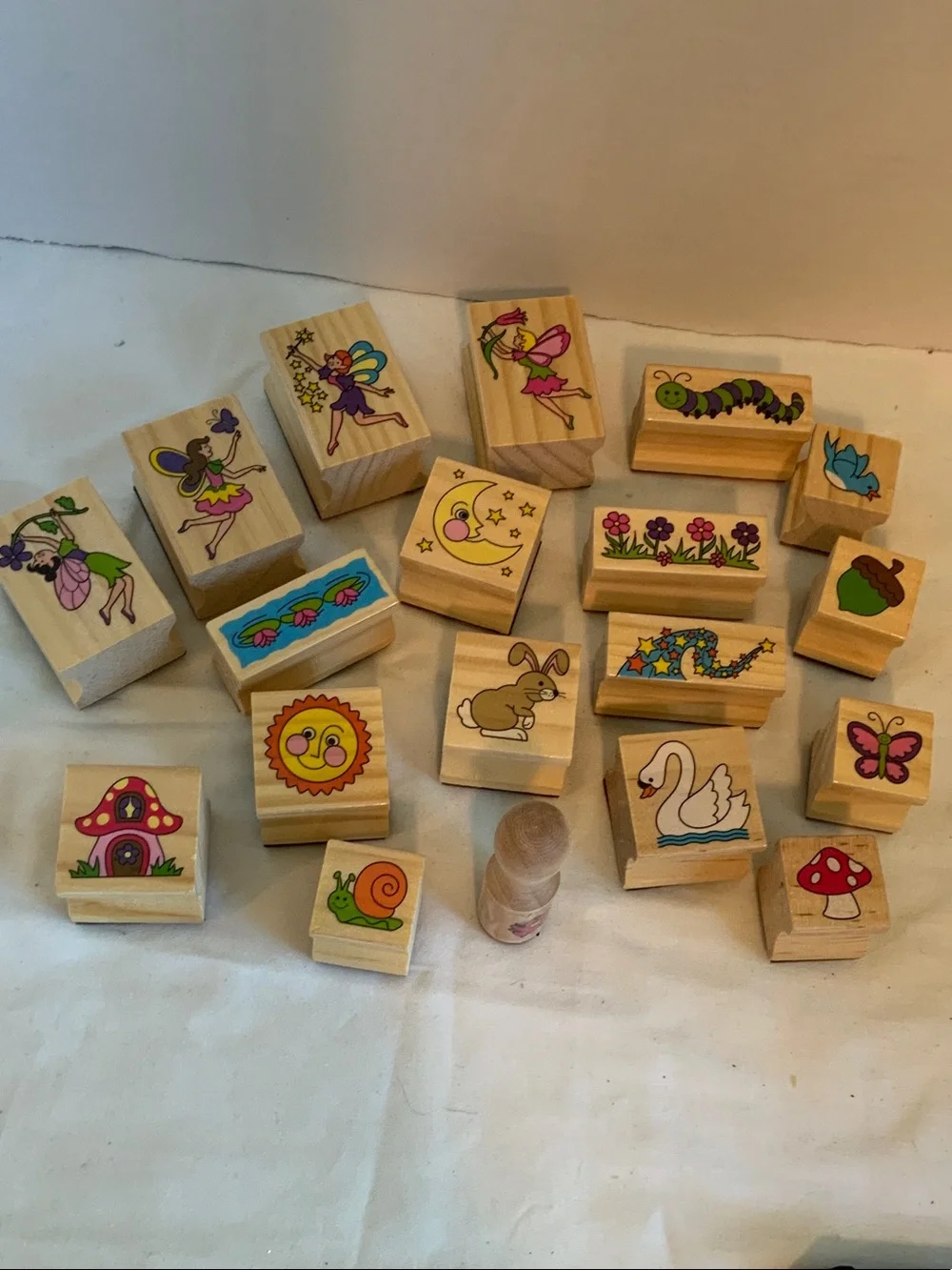 Melissa & Doug Wooden Nature & Fairy Stamp Set - Pink Green Blue Yellow Purple